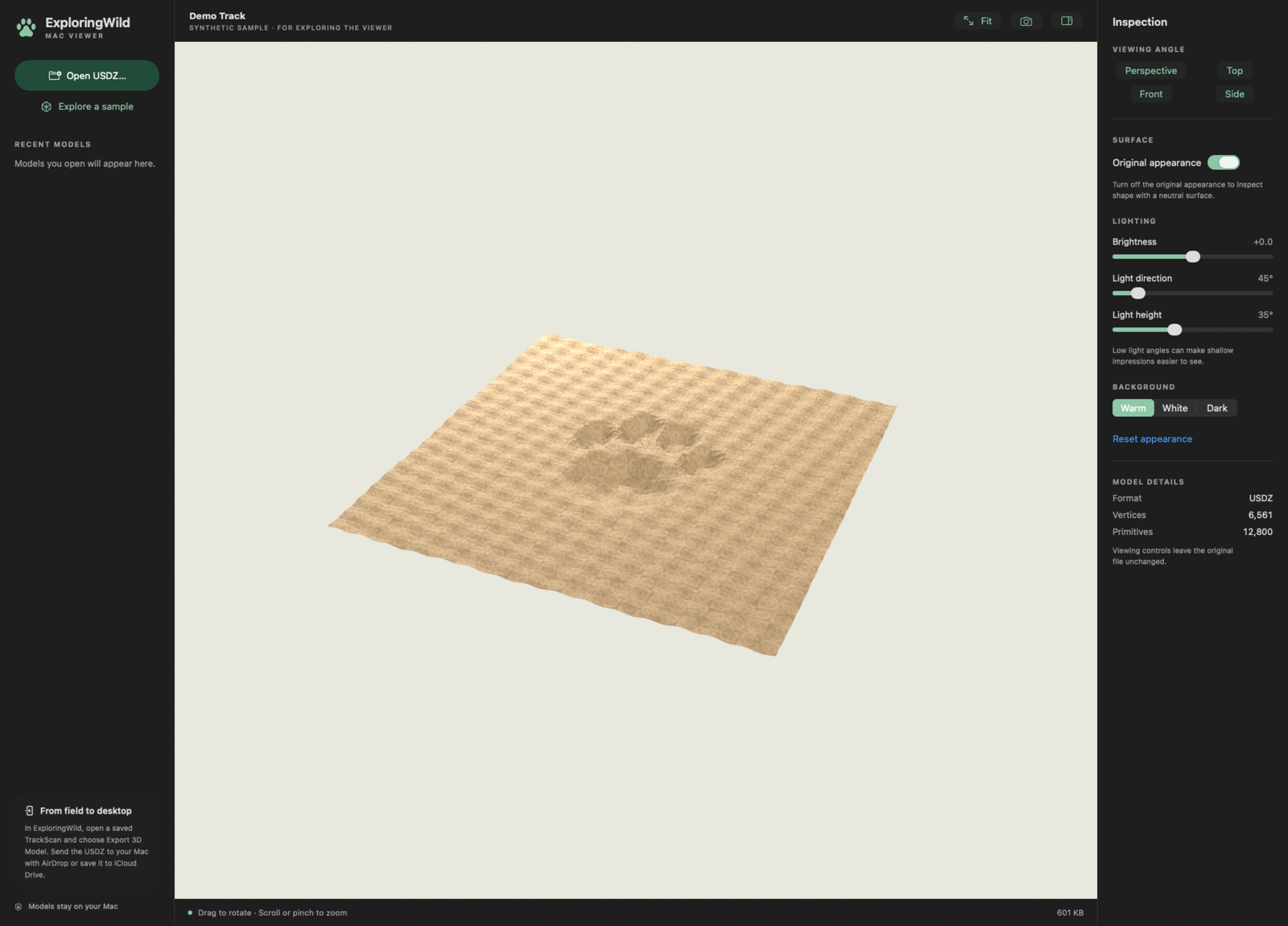 ExploringWild Viewer showing a synthetic paw-shaped impression, viewing angles and lighting controls